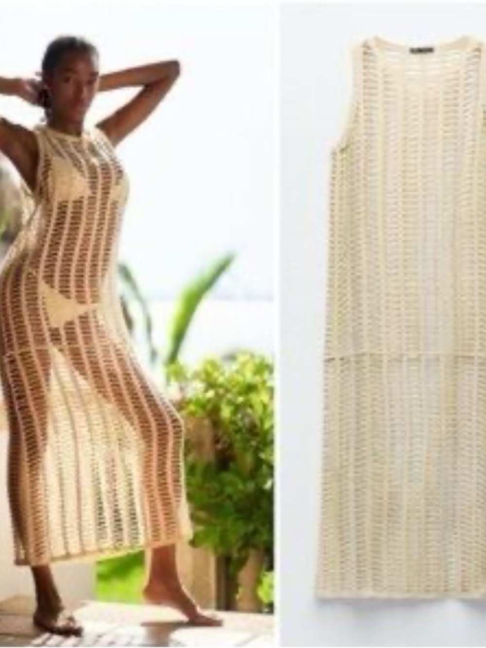 Zara NWOT Beige Crochet Long Cage Dress Beach Mesh Cover-Up Womens Medium Resort